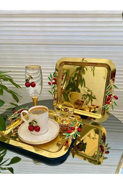 atabey home collection صينية ذهبية - صينية القهوة والشاي مكونة من قطعتين، موديل دالي الزيتون والكروس