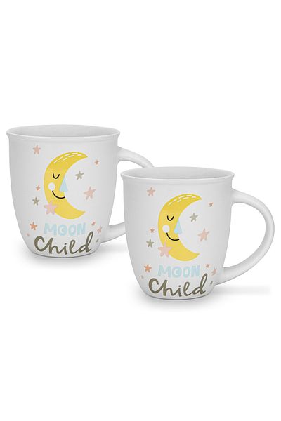 Fissman 2-Piece Printed Coffee Mug 380mL ''MOON CHILD'', Ceramic Coffee Mug with Handle