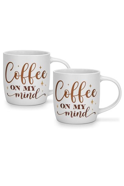Fissman 2-Piece Printed Coffee Mug 310mL ''COFFEE ON MY MIND'', Ceramic Coffee Mug with Handle