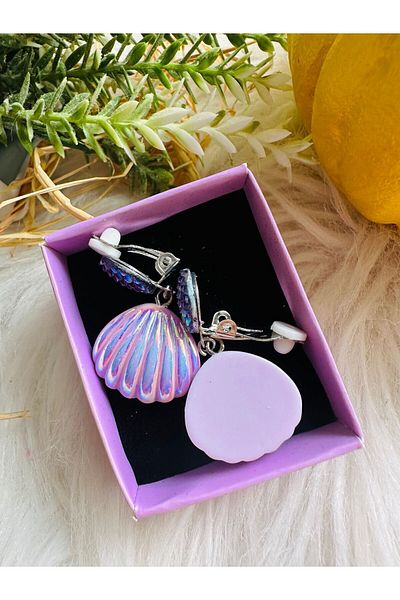 1PARÇAMAVİ Purple Mermaid Shell Clip Non-Perforated Compression Girl's Earrings