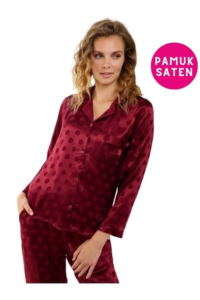 bie's Claret Red Polka Dot Shirt Collar Pajama Set - Pocket and Long Sleeve