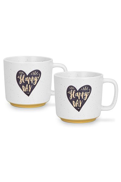 Fissman 2-Piece Printed Coffee Mug 490mL ''HAPPY DAY WITH HEART'', Ceramic Coffee Mug with Handle
