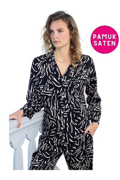 bie's Model alb-negru - Set de pijamale din satin de bumbac cu guler de cămașă, cu buzunare și mâneci lungi