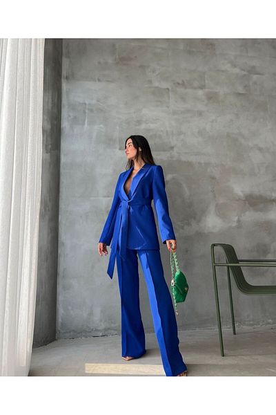 Moda İkra Belted Blazer Jacket and Wide Leg Trousers Set - Women