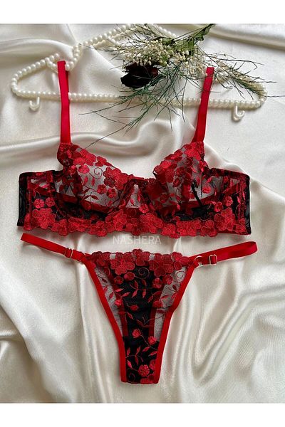 Nashera Red Floral Embroidered Underwire Bralette Bra Underwear Set