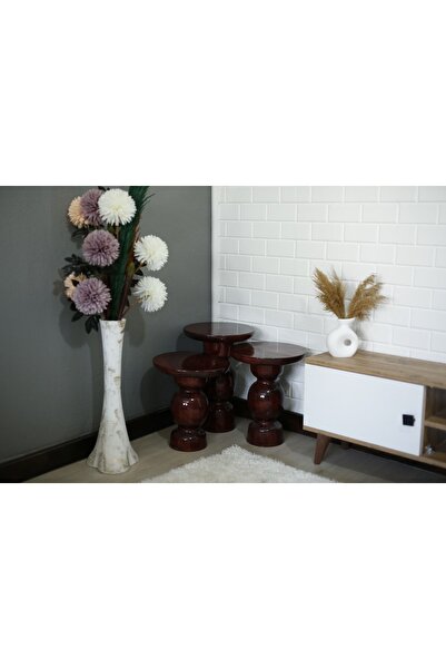 Simillo Home&Living Wood Wooden 3’lü Set Karpuz Model Mantar Yan Sehpa Modern Koyu Ceviz Renk Fiskos