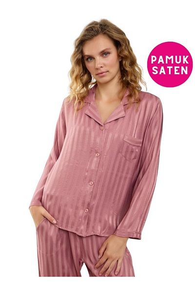 bie's Pink Striped Cotton Satin Pajamas Set for Women - Shirt Collar, Long Sleeve, Chest Pocket