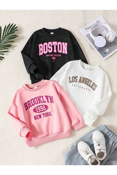 MORNİNG KİDS Girl's 3-pack - Crew Neck, Brookly-losangeles-boston Printed Pink/black/white Sweatshirt