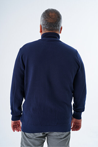 Trist Star Men's Large Size Navy Blue Knitwear Cardigan - Zippered, Stand Collar, 100% Cotton - Trist-2114