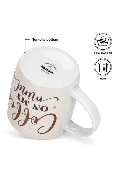 Fissman 2-Piece Printed Coffee Mug 310mL ''COFFEE ON MY MIND'', Ceramic Coffee Mug with Handle