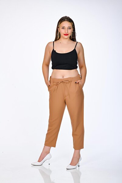 Kamex Large Size Brown Milk Brown Dumbbell Fabric Women's Trousers with Pockets