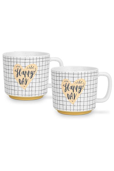 Fissman 2-Piece Printed Coffee Mug 490mL ''HAPPY DAY CHECKED'', Ceramic Coffee Mug with Handle