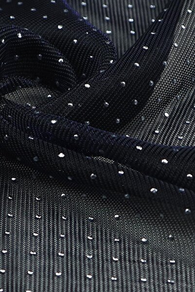 Kumaş Deposu Gümüş Taşlı Lacivert Tül Abiye Kumaş