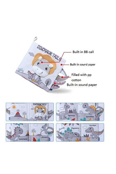 Jjovce Zilli Hışırtılı Bebek Kitabı 3D Montessori Yıkanabilir Bez Kitap Dinozor