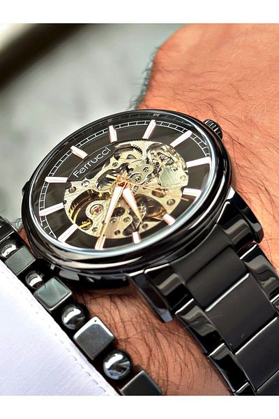 Ferrucci Black Color Steel Cord Automatic Winding Men's Wrist Watch + BRACELET GIFT