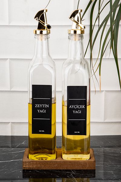 DNS HOME Gold Locking 2-Piece Oil Pot Set - 500 ml Olive Oil Bottle with Wooden Stand