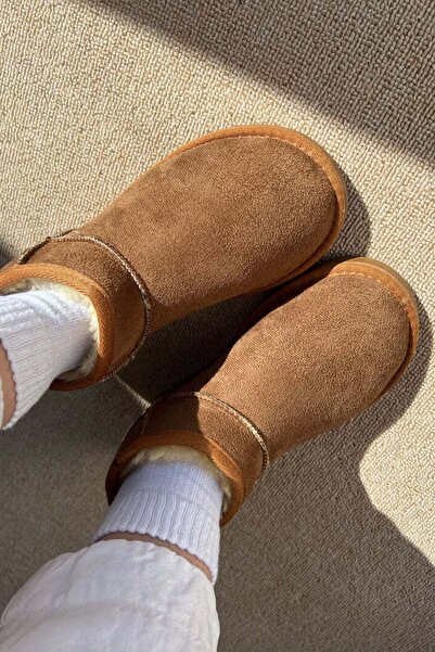 ICELAKE Destino Kadın Süet Taba Mini İnce Tabanlı Tüylü Kısa Bot