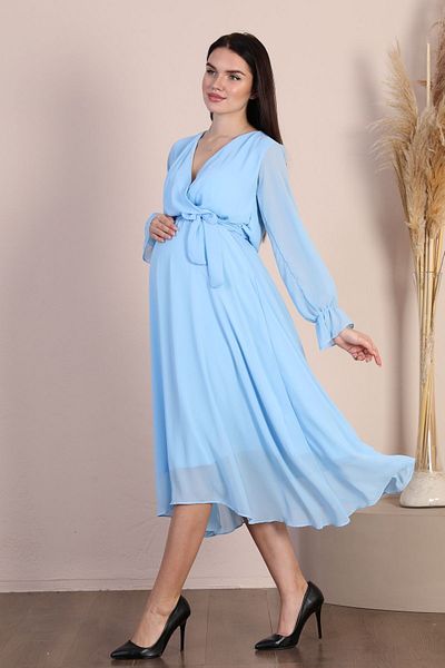 Azra Style Rochie De Sifon De Maternitate La Dublu Piept Guler Cu Curea Tendinta Nunta Logodna Henna Baby Blue