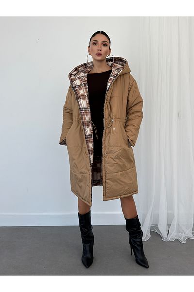 Black Sokak Women's Cream-brown Hooded and Snap Closure Double Pocket Jacket