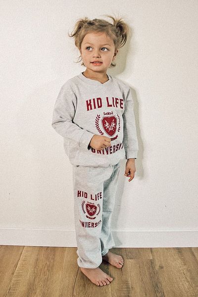 MORNİNG KİDS Gray Crew Neck University Printed Children's Sweatshirt and Sweatpants Set