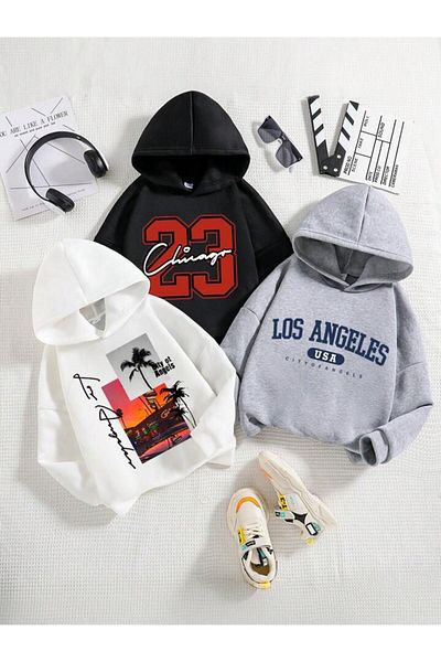 MORNİNG KİDS Boys' and Girls' Hooded Sweatshirt - Pack of 3, Chicago and Los Angeles Print, Grey-black-white