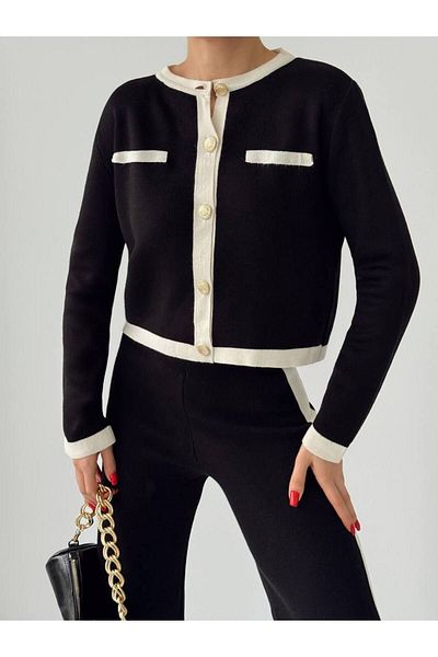 Lusin Women's Gold Button Detailed Cardigan Trousers Bottom Top Double Knitwear Set - Black
