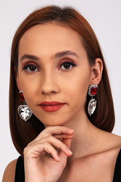 Furtek Aksesuar Kadın Kırmızı Kare Sallantılı Kalp Model Zirkon Taşlı Gümüş Pırlanta Abiye Düğün Söz Kına Parti Küpe