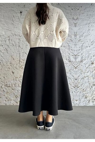 She Olive Black Scuba Bell Skirt - Elastic Waist