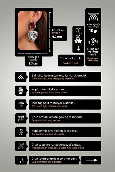 Furtek Aksesuar Women's Red Square Pendant Heart Model Zircon Stone Silver Diamond Evening Dress Wedding Promise Henna Party Earrings