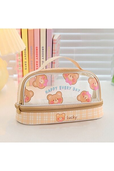 Kawaii Suport pentru stilouri cu două etaje de capacitate mare - maro