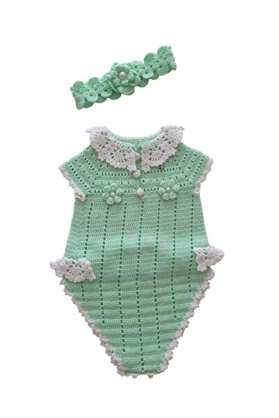 NEXT LİFE STORE El Örgüsü Yeşil Kız Bebek Yaka Detaylı Romper Tulum Ve Saç Ba...