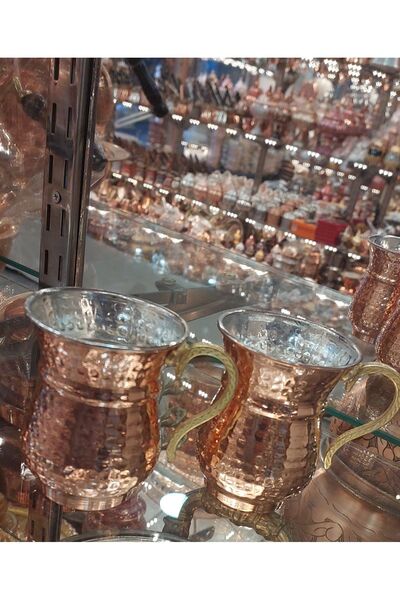 Bakır Center Copper Cup & Copper Cup Tattoo Copper Ayran Cup with Handles 2 pieces 2-piece set