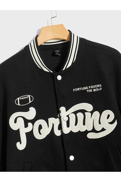 FUWEAR Fortune Embroidered Unisex Black 3 Thread College Jacket