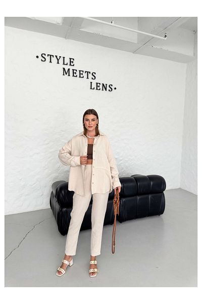Elif Özbey Butik Linen Double Set - Stone Color and Stitching Detail