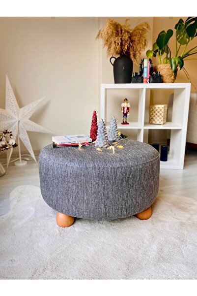 WEBPANYA Gürgen Ahşap Ayak Xlarge Oturma Alanı Dekoratif Kete Gri Kumaş Pofidik Puf Bench Orta Sehpa