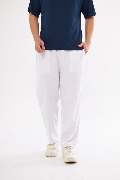 NASIFOĞLU GİYİM White Linen Trousers - Men's, 100% Cotton, Comfortable Elastic Waist, Cool-Keeping Loose Fit