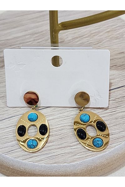 Aylish Bijuteri Gold Blue and Navy Blue Oval Dangle Steel Earrings