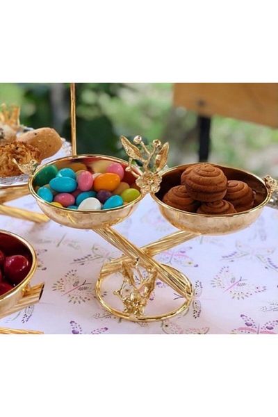 moda atölyesi Snack Bowl Turkish Delight Bowl Coffee, Tea Side Service Gold Series 2-Piece