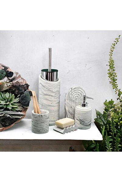 Trust Stone Set de baie din beton din seria Marble și suport pentru perie de toaletă, lichid, dozator de săpun solid, suport pentru perie de dinți, tavă, accesorii