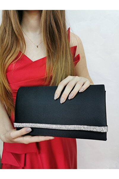 NAZART Kadın Saten Taşlı Siyah Abiye Clutch Portföy El Gece Düğün Nişan Çantası