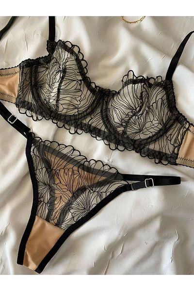 ROZENİN LINGERIE Σετ σουτιέν με μαύρο φλοράλ μοτίβο Underwire Cupless Brode