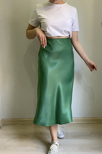 Hisleria Viscose Satin Fabric Bias Model Midi Length Dark Green Skirt