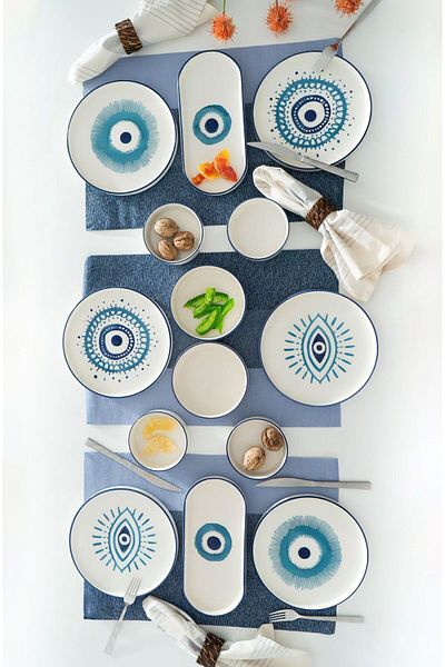 Kevin Seramik 14-Piece 6-Person Stackable Evil Eyes Handmade Breakfast SetLuxury Breakfast Set