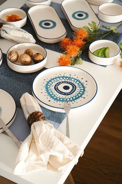 Kevin Seramik 14-Piece 6-Person Stackable Evil Eyes Handmade Breakfast SetLuxury Breakfast Set