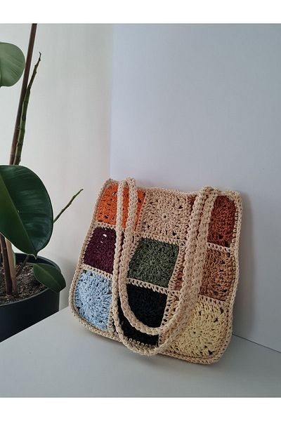 Verda Desing Straw Colored Motif Handbag Hand Knitted