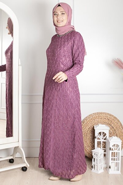 SUBU TASARIM Βραδινό Φόρεμα Ασημί Λιλά - Λεπτομέρεια Κεντήματος Πέτρας TBS2232