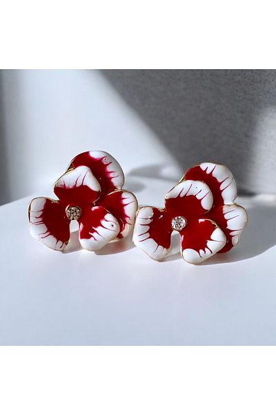 alsaccessories Women's White Color Small Ceramic Orchid Earrings with Red Flowers Inside