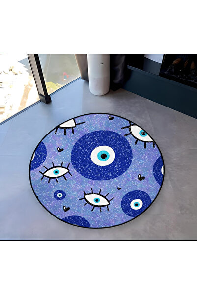 Rugs Modern Halı Mira Round Blue Evil Eye Bead and Eye Patterned Woven Base D...