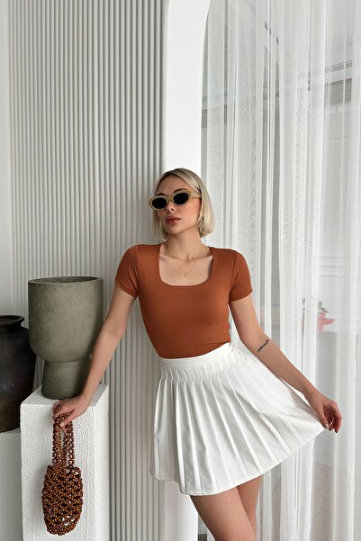 LACHT Γυναικεία κοντομάνικη τετράγωνη λαιμόκοψη μονόχρωμη μπλούζα βισκόζης