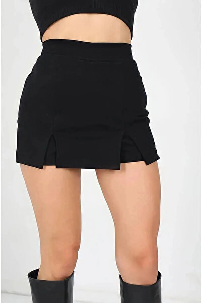 FUWEAR Siyah Trend Çift Yırtmaçlı Şort Mini Etek